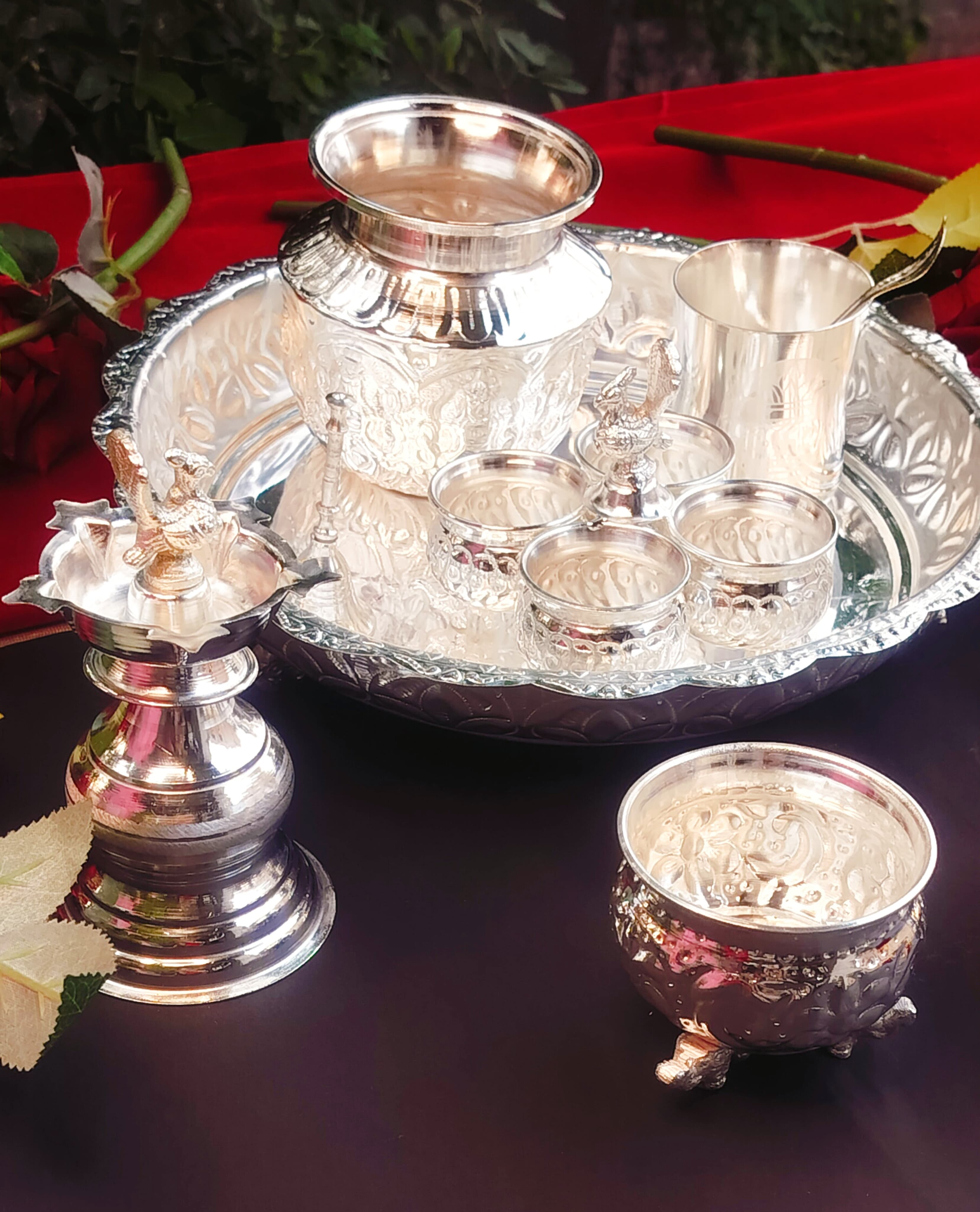 German Silver Combo Pooja thali Set of 9 Pieces Flower Tray Set